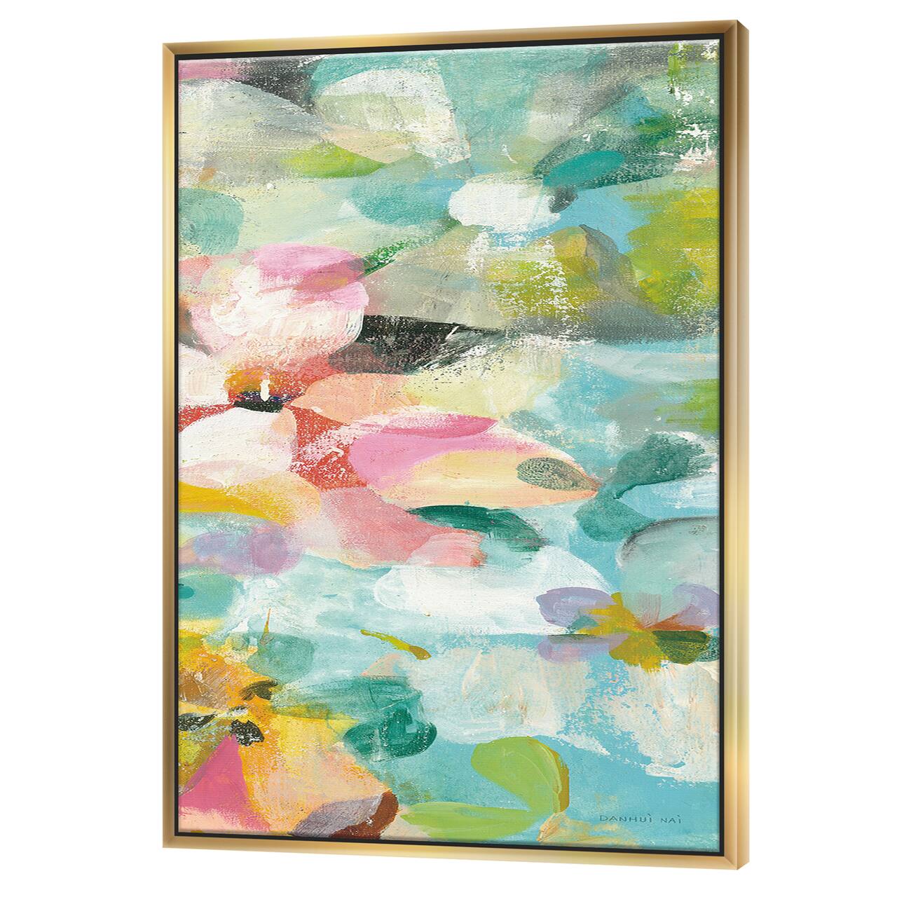 Designart - Handpainted Abstract Flowers in Blue and Pink - Cabin & Lodge Canvas in Gold Frame